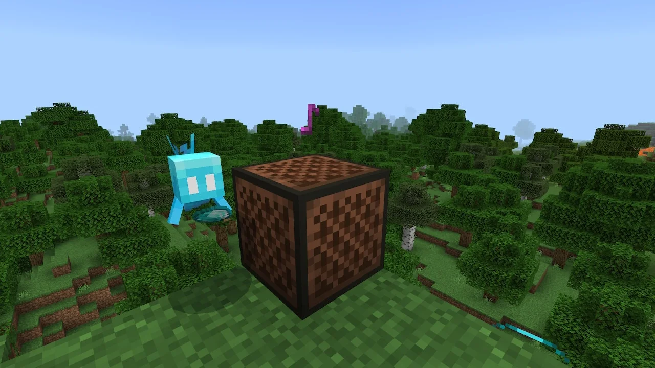 An allay next to a note block, one of the blocks it returns items to