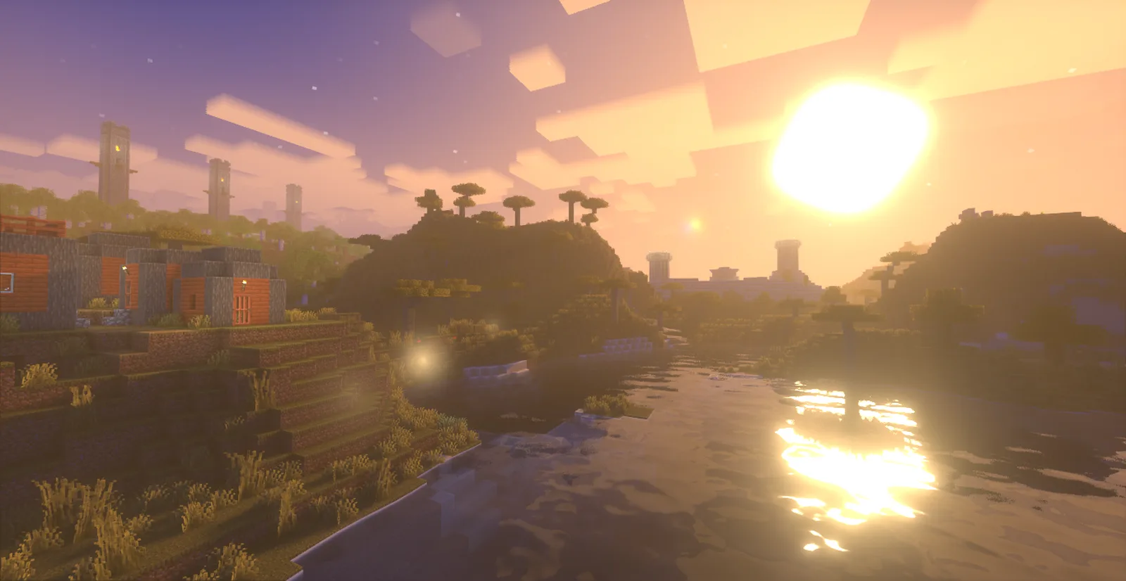 Super Duper Vanilla shaders: sunset over a village with sun reflections on the water