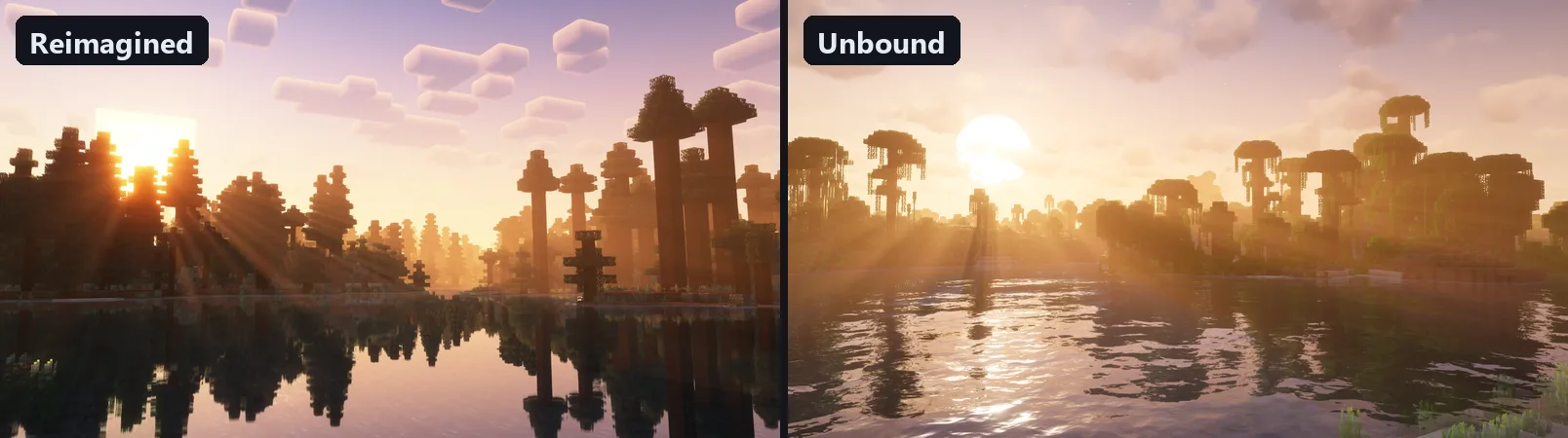 Complementary Reimagined vs Unbound at sunset over water: Reimagined keeps blocky clouds and crisp reflections, Unbound adds soft realistic clouds, sun glare and rippled water