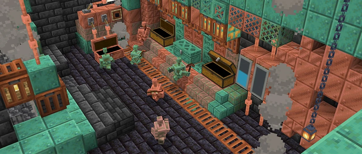 Copper golems carrying items between copper chests and wooden chests