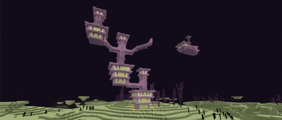 An End city with its towers on the outer End islands, with an End ship floating nearby