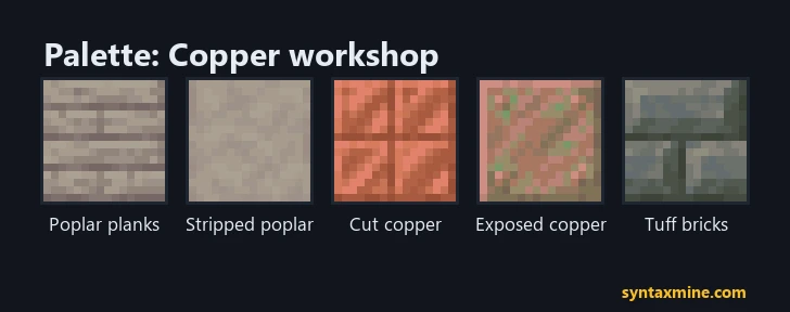 Copper workshop palette: poplar planks, stripped poplar, cut copper, exposed copper and tuff bricks
