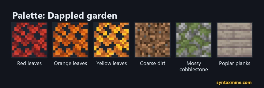 Dappled garden palette: red, orange and yellow poplar leaves, coarse dirt, mossy cobblestone and poplar planks