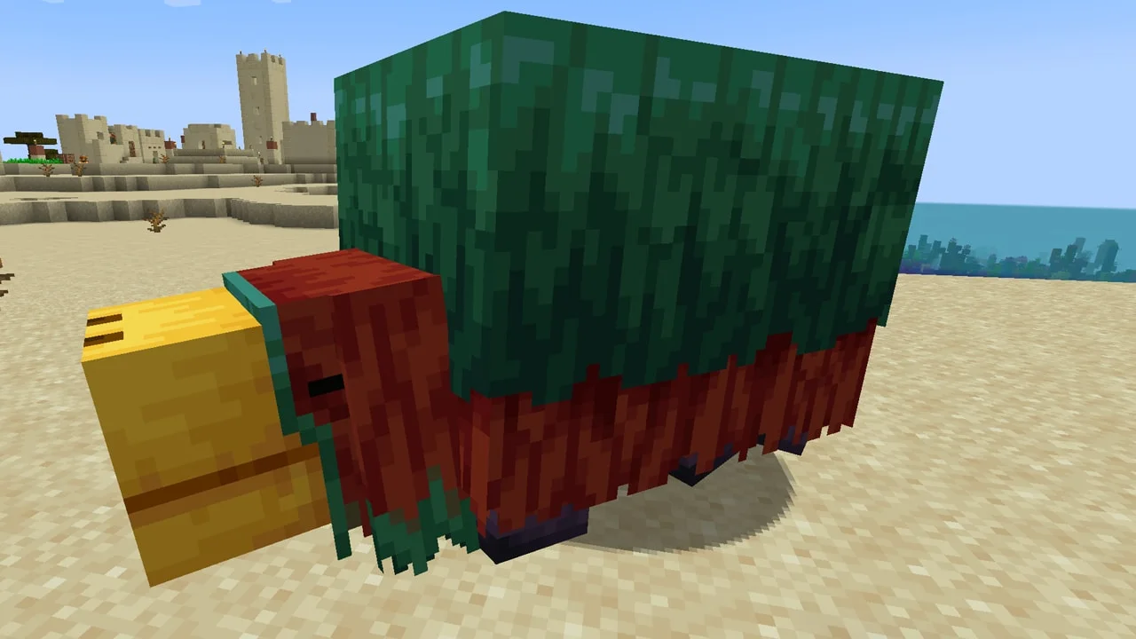 A sniffer on a beach near warm ocean ruins, where sniffer eggs are found