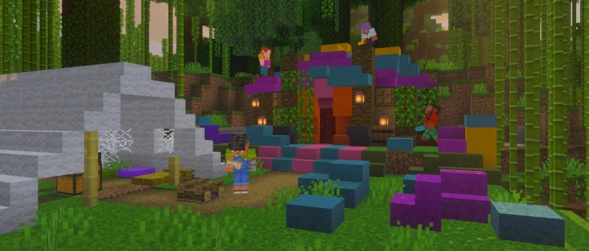 A jungle campsite built with cushions and camp gear from the Wilderness Bound drop