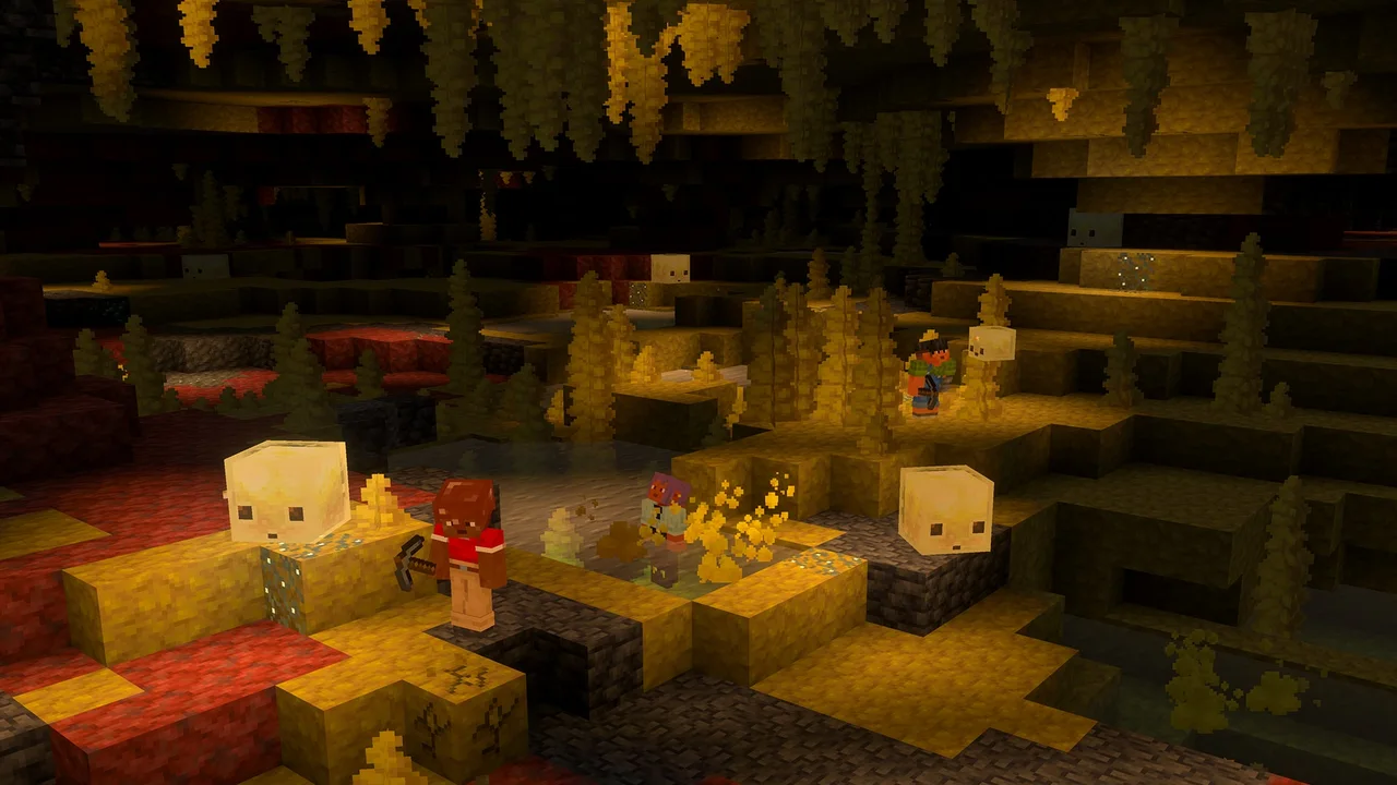 Sulfur cubes in a sulfur cave, one carrying an absorbed block