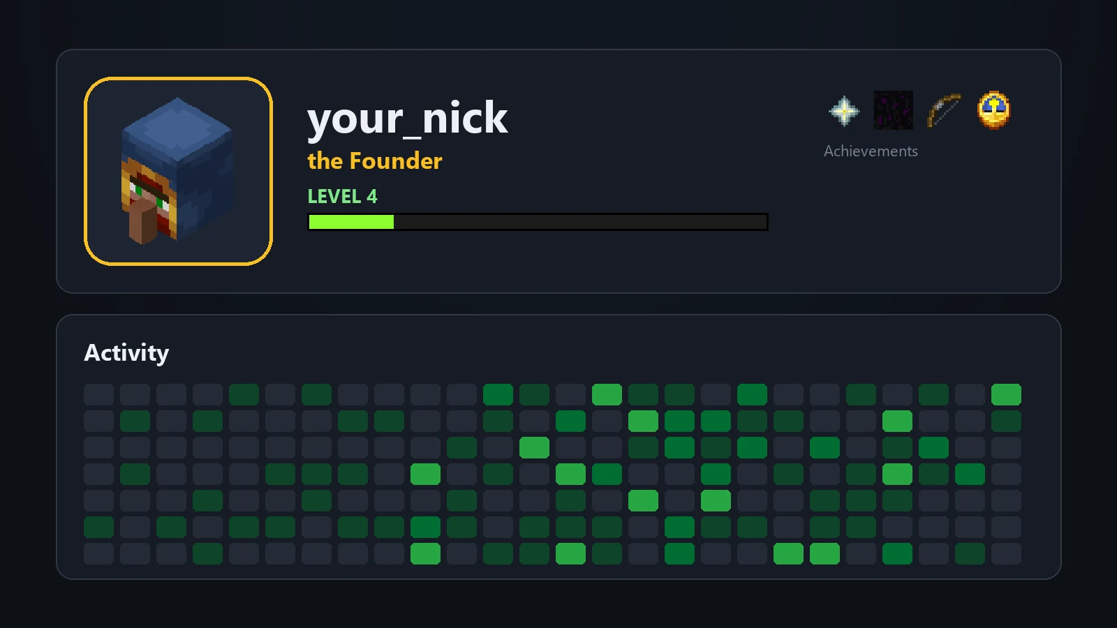 A SyntaxMine profile: head avatar, nickname, title, level bar, achievements and an activity calendar