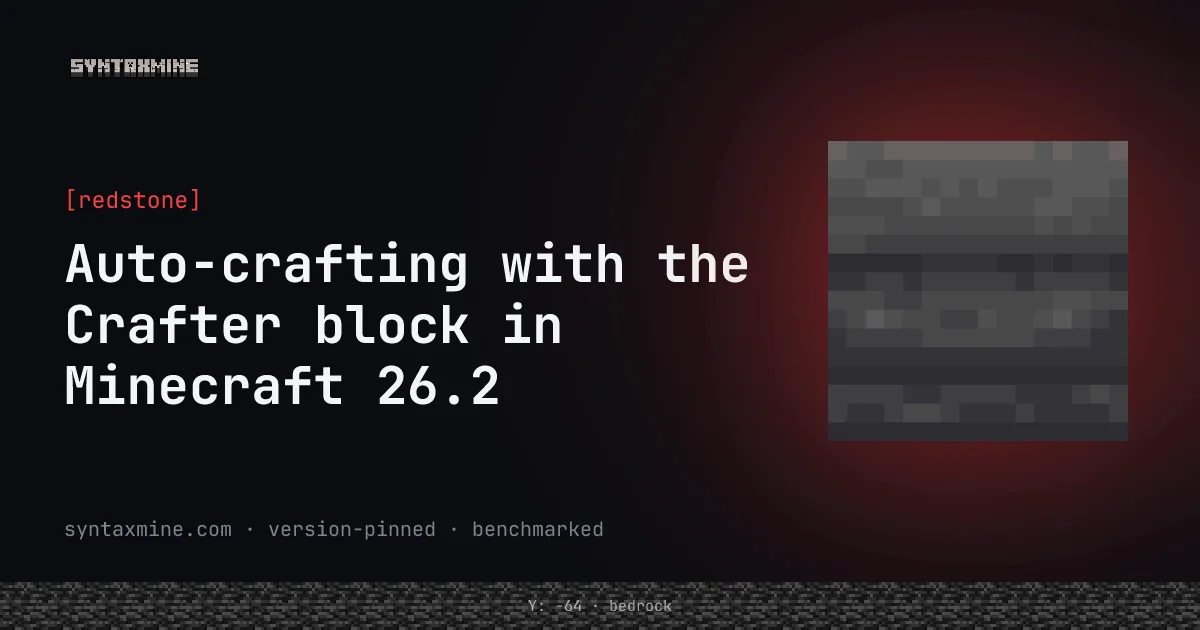 A redstone Crafter block with its 3x3 grid partially disabled, wired to a hopper and comparator in Minecraft