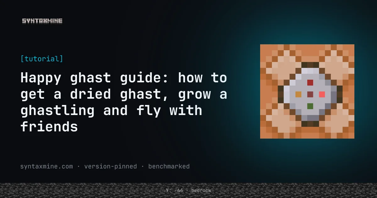 A white happy ghast wearing a harness flying above Minecraft terrain with players riding on top