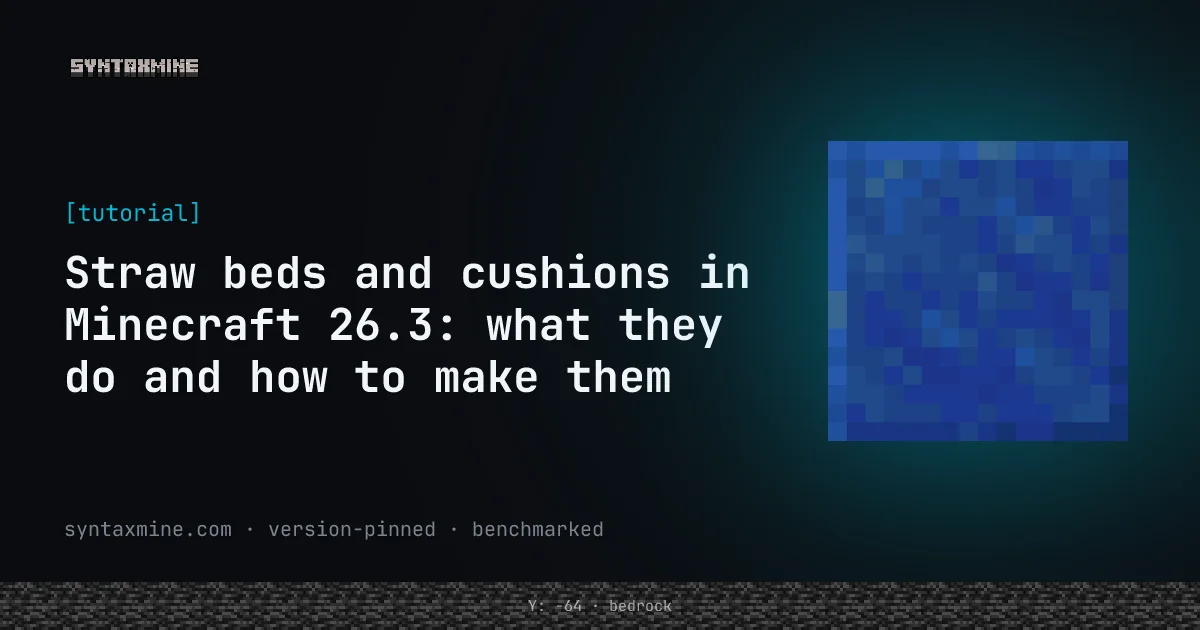 A straw bed and a row of colored cushions sitting on a wooden floor in Minecraft 26.3