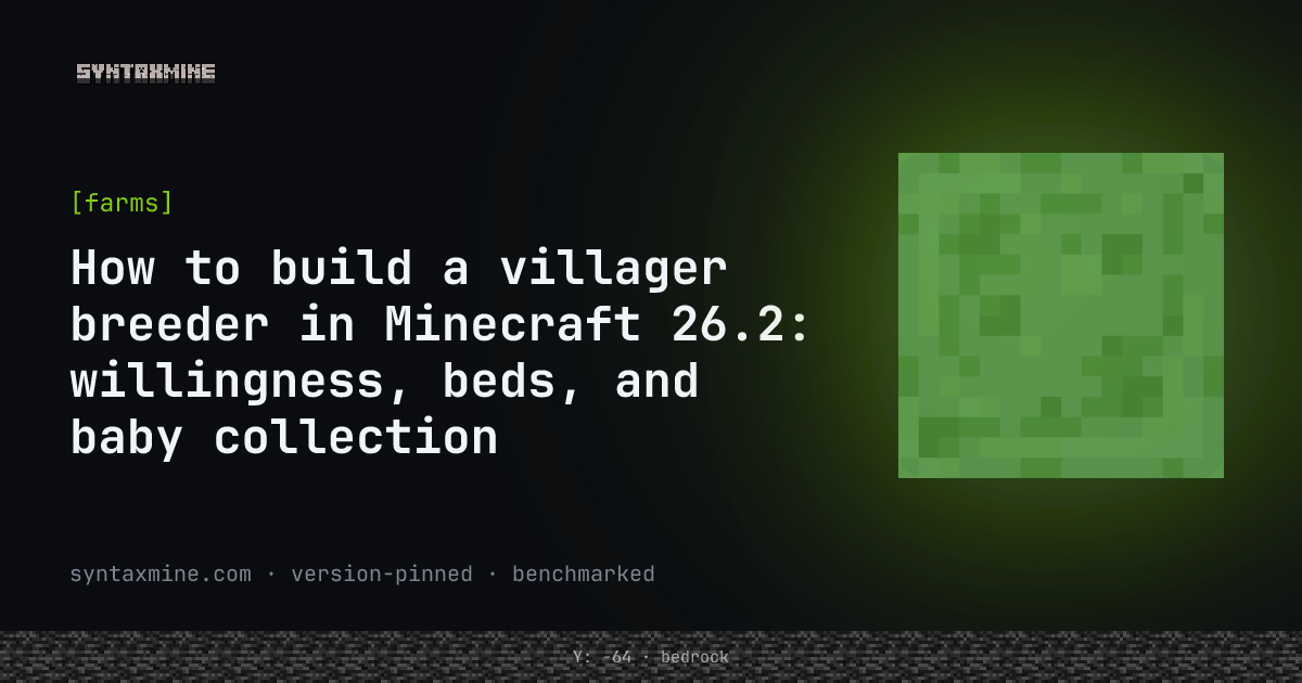 Compact villager breeder chamber with beds, food hoppers, and a baby-collection water stream in Minecraft 26.2.