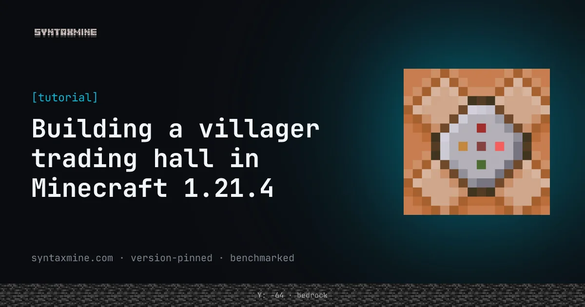 A multi-cell villager trading hall with librarians and job site blocks lined along a corridor.