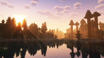 Complementary shaders sunset over a forest lake with volumetric light rays