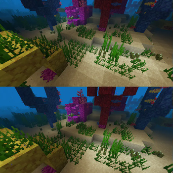 Sodium rendering comparison: the same underwater scene rendered identically with the optimized pipeline